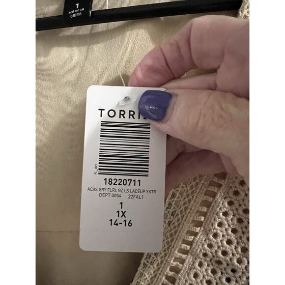 Torrid Blue Beige Floral Crochet Lace Up Skater Dress Sz 1x NWT Cottage Boho - Picture 4 of 9
